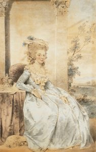 Porträt von Königin Charlotte, sitzend an einem Tisch mit einer Landschaft im Hintergrund, 1784