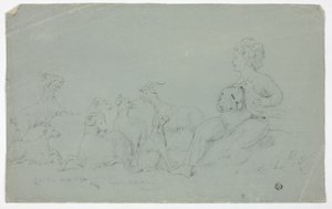 Antikes Basrelief mit sitzendem Jungen, der einen Falken hält, begleitet von Hund, Schaf und Ziegen
