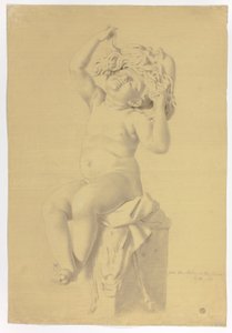 Antike Statue eines sitzenden Putto, der eine Maske des Silenus hält