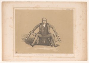 Karikatur mit Robert Peel, der zwischen zwei Stühlen fällt