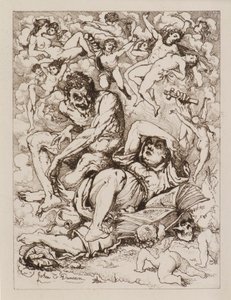 Liegende Figur mit Kreuz, der Teufel sitzt in der Nähe, umgeben von schwebenden Figuren von John Duncan