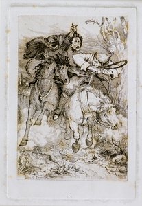 Zwei galoppierende Reiter [einer trägt seinen eigenen Kopf] von John Duncan