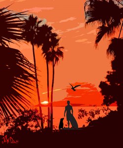 Surferhund tropischer Sonnenuntergang