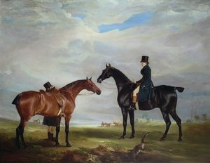 Frank Hall Standish auf seinem schwarzen Jäger mit einem Stallburschen und einem zweiten Pferd von John E. Ferneley