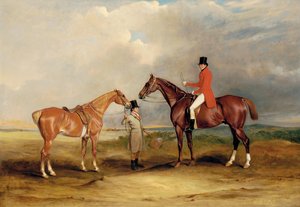 Porträt von John Drummond auf einem Jäger mit einem Diener, der sein zweites Pferd hält, in einer Landschaft, eine Jagdgesellschaft im Hintergrund, 1831 von John E. Ferneley
