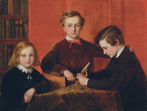 Die jungen Mikroskopiker: Porträt von Frank, Harry und Arthur Izod Richards, 10, 8 und 5 Jahre alt, beim Spielen mit einem Mikroskop von John Edgar Williams