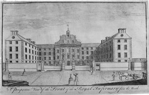 Eine perspektivische Ansicht der Vorderseite des Royal Infirmary von Norden, ca. 1746