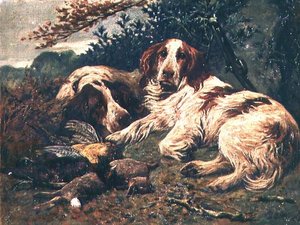 Ein Paar Leber- und Weiß-Clumber-Spaniels bei der Tagesbeute von John Emms