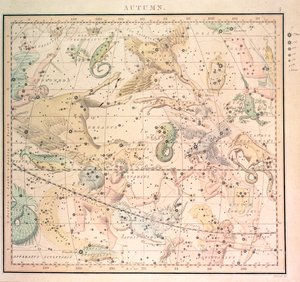 Himmelskarte: Herbst, zeigt Sternzeichen und Positionen der Sterne von John Emslie