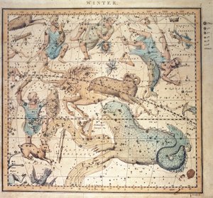Himmelskarte: Winter, zeigt Sternzeichen und Positionen der Sterne (Gravur) von John Emslie