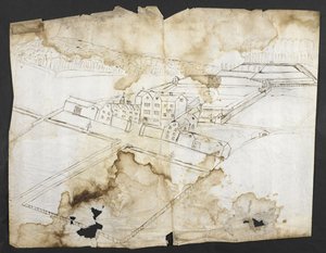 Aussicht auf Wotton mit dem Garten, der Grotte und der Umgebung von Nordwesten, ca. 1650