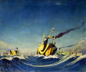 Ein Konvoi von Schiffen, deren Rümpfe während des Ersten Weltkriegs mit Tarnmustern bedeckt sind von John Everett