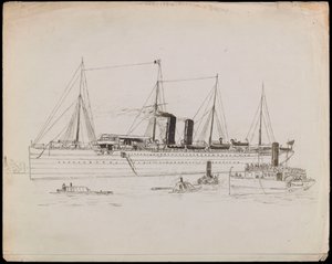 PAH1225; Dampfschiff in Küstennähe mit Schlepper daneben. Passagierschiff mit Schlepper und Raddampfer Tilbury in der Nähe von John Everett