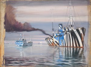 S.S. Lepanto und ein weiteres Dampfschiff, beide in Tarnanstrich, verankert in ruhigem Wasser von John Everett