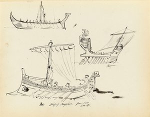 Skizzen früher Schiffe, darunter ein römisches Segel- und Ruderboot und das Schiff des Odysseus, 500 v. Chr. (von einer Vase), frühes 20. Jahrhundert von John Everett