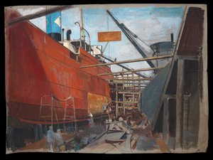 Dampfschiff im Trockendock, zeigt Arbeiter, die ihren Rumpf streichen von John Everett