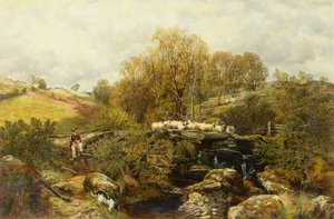 Ein Schäfer und seine Schafe an einem Bach von John F. Tennant