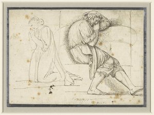 Studienblatt mit einem schlafenden jungen Mann und einer knienden betenden Frau von John Flaxman (II)