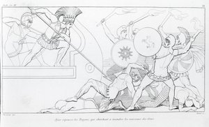 Ajax wehrt die Trojaner ab, die versuchen, die griechischen Schiffe zu verbrennen. Zeichnung von John Flaxman (1755 - 1826). Homers Ilias. Gesang XV. von John Flaxman
