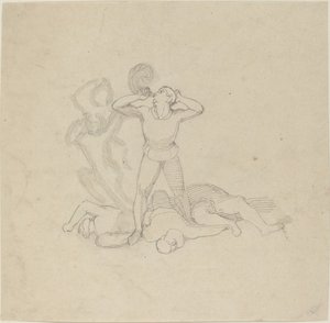 Figur, die über Leichen steht und ein Horn bläst von John Flaxman