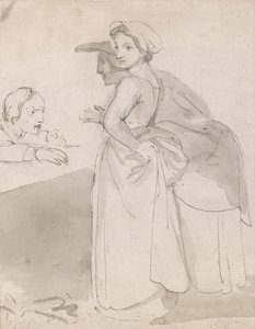 Zwei Frauen sprechen mit einem Mann an einem Tresen von John Flaxman