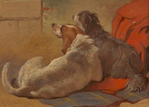 Ein Jagdhund und ein bärtiger Collie auf einem Jagdmantel sitzend von John Frederick Herring
