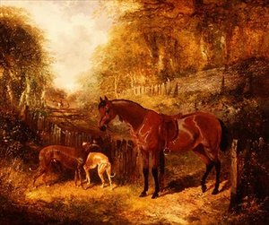 Ein gesatteltes braunes Pony und Windhunde in einer bewaldeten Flusslandschaft von John Frederick Herring Jnr