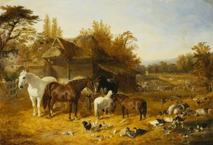Ein Bauernhof mit Pferden und Ponys, Berkshire, Saddlebacks, Alderney Shorthorn Rinder, Bantams, Stockenten und Perlhühnern, mit einem Landhaus an einem Fluss in der Ferne, 1853 von John Frederick Herring Senior