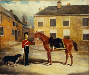 Ein Offizier der Dragonerwache, Karabiniers mit seinem Pferd im Kasernenhof, 1839 von John Frederick Herring Senior