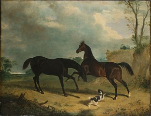 Jäger und ein Spaniel in einer bewaldeten Landschaft, 1835 von John Frederick Herring Senior