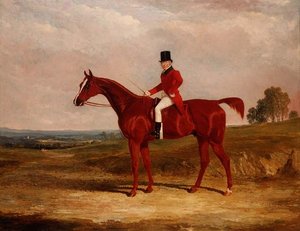 Sir Hugh Hamilton Mortimer, Meister der Old Surrey Foxhounds, auf einem kastanienbraunen Jäger in einer ausgedehnten Landschaft von John Frederick Herring Senior