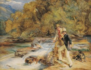 Sir Edwin Landseer, R.A. mit einem Ghillie beim Lachsfischen, möglicherweise am Fluss Dart, in der Nähe von Holne, Devon von John Frederick Lewis