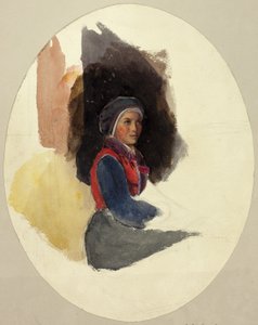 Skizze einer sitzenden Frau in Bauerntracht