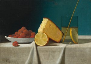 Stillleben mit Kuchen, Zitrone, Erdbeeren und Glas