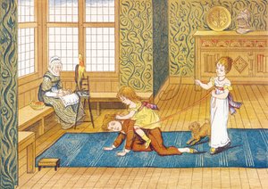 Spielzeit - Spielzeit, drei Kinder spielen, das jüngste reitet auf dem Rücken seines Bruders, das jüngste reitet auf dem Rücken seines Bruders, angehängt an ein Rentier, das von seiner Schwester gehalten wird, in einem Wohnzimmer, in der Nähe ihrer Großmut