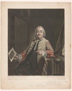 Porträt von Simon Fokke mit dem Druck der Plünderung des Hauses von Gerrit Hagedooren, 1751