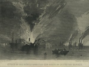 Angriff der Rebellen auf unsere Kanonenboote im Hafen von Galveston, ca. 1863