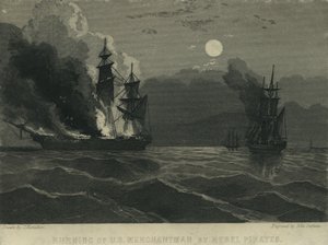 Verbrennung eines US-Handelsschiffs durch Rebellenpiraten, 1865