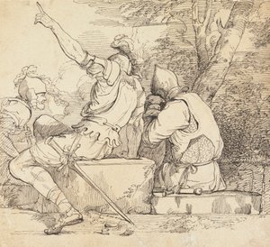 Drei Soldaten in Rüstung sitzen auf Steinblöcken von John Hamilton Mortimer