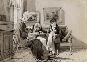 Soziales Interieur in Brathay Hall, Darstellung von Jessy Harden, Rev. Owen Lloyd und H. Almack, ca. 1827