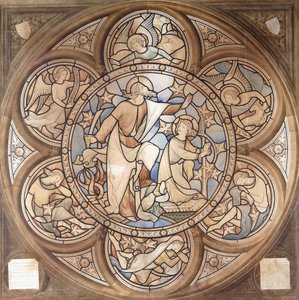 Hommage an Pugin, ein Entwurf für ein Buntglasfenster, um 1850 von John Hardman Powell