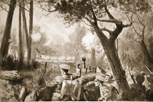 Acting-Lance-Corporal Barker hilft einer Gruppe, die er gesammelt hat, einen Verbindungsschützengraben unter schwerem Granat- und Maschinengewehrfeuer zu öffnen von John Harris Valda