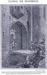 Überquerung der Zugbrücke, jede Stadt hat starke Mauern und einen Graben, eine Zugbrücke und ein Fallgatter zur Verteidigung, ca. 1950