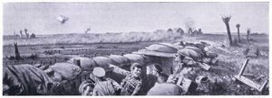 Gasangriff auf die Schützengräben der 2. Lancashire Fusiliers, bei dem Private Lyn sein Leben verlor, aber das Victoria-Kreuz gewann. Ypern April 1915 von John Harris Valda