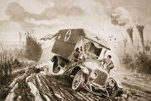 Private Adams geht den Verwundeten in einem Krankenwagen zur Hilfe, der in ein Granatloch gefahren war, während er unter Beschuss stand von John Harris Valda