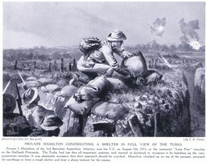 Private Hamilton baut einen Unterstand im vollen Blick der Türken an den Lone Pine Gräben auf der Gallipoli-Halbinsel, August 1915