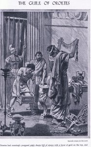 Die List des Oroetes: acht Truhen mit Steinen und einer Schicht Gold obenauf, dem Boten von Polykrates gezeigt, ca. 1950 von John Harris Valda