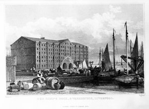Die Docks und Lagerhäuser des Herzogs, Liverpool, graviert von Thomas Higham, 1829