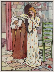 Rosanne sticht sich mit der Spindel in die Hand von John Hassall
