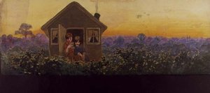 Die Baumwipfel bei Sonnenuntergang ein Jahr später: Peter im kleinen Haus mit Wendy bei ihrem jährlichen Frühjahrsputzbesuch, Illustration zu 
